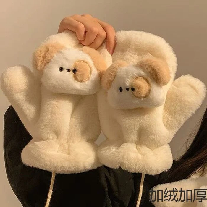 立体小帕毛绒手套ins风冬季款高颜值可爱保暖全包连指多巴胺防寒