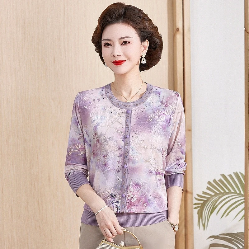 洋气妈妈装春秋薄款长袖T恤2025新款中老年女装针织小衫宽松毛衣