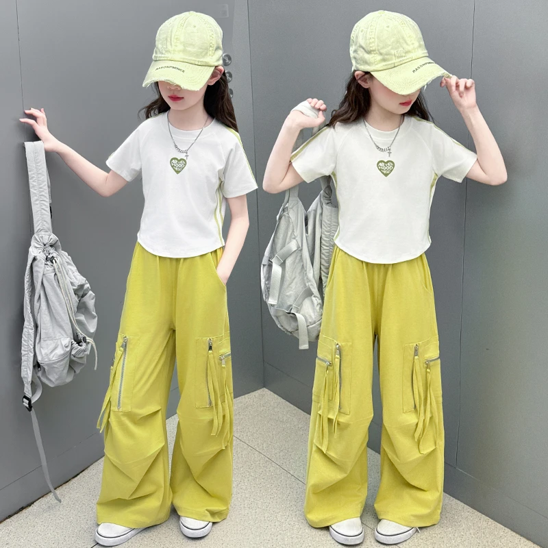 女童夏装套装2025新款爆款独特洋气时髦夏季薄款短袖T工装阔腿裤