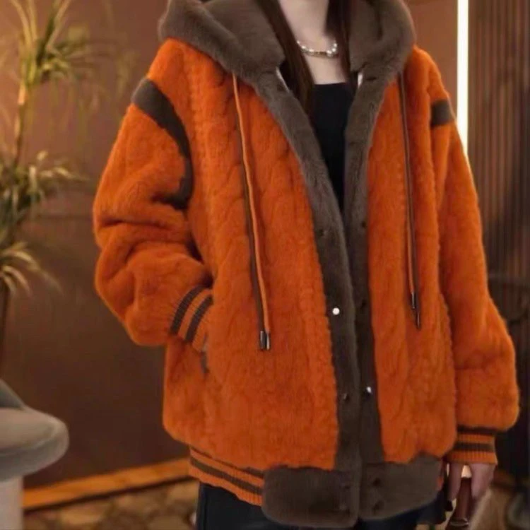 秋冬季新款拼色连帽毛毛外套 韩版时 尚显瘦气质外套小众外穿通勤