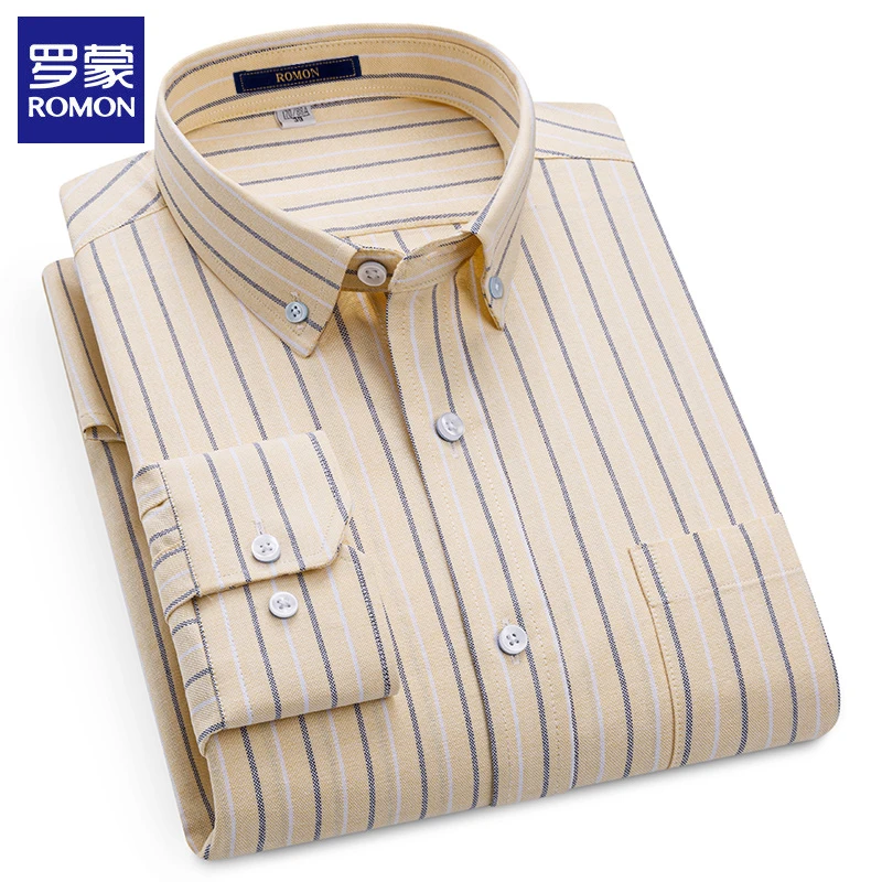 罗蒙100%全棉牛津纺男士衬衣中青年条纹百搭时尚长袖衬衫宽松上衣