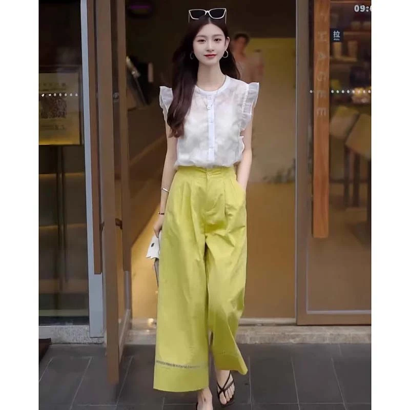 【两件套】【有里布】巨好看的夏装套装女无袖衬衫九分休闲裤D2650