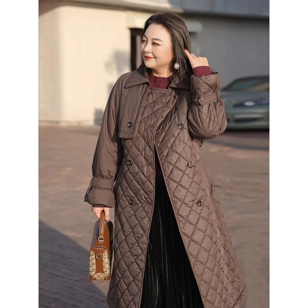 MsShe大码女装春装气质通勤翻领收腰菱格棉衣外套J~B2412047