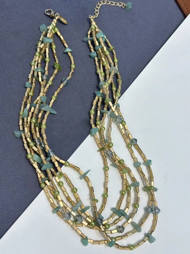 铜合金玻璃项链 Vintage JR树芽绿琉璃多层项链