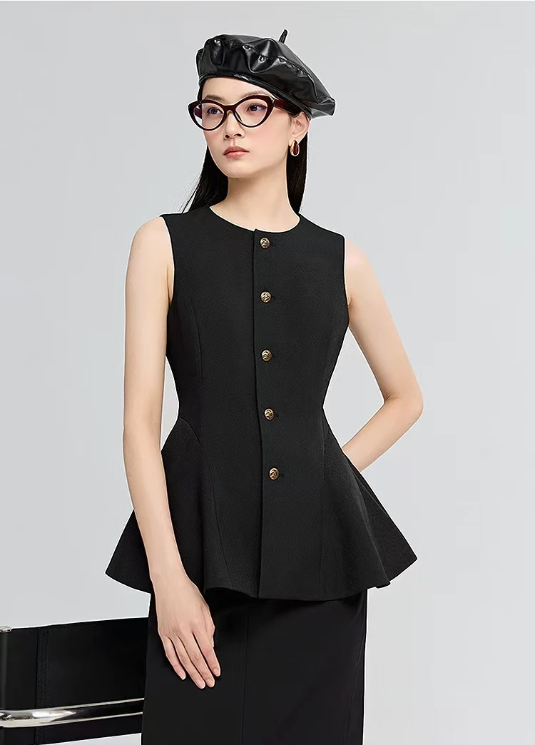 DEEPBREATH深呼吸女装新款简约圆领收腰伞摆背心马甲外套A401301