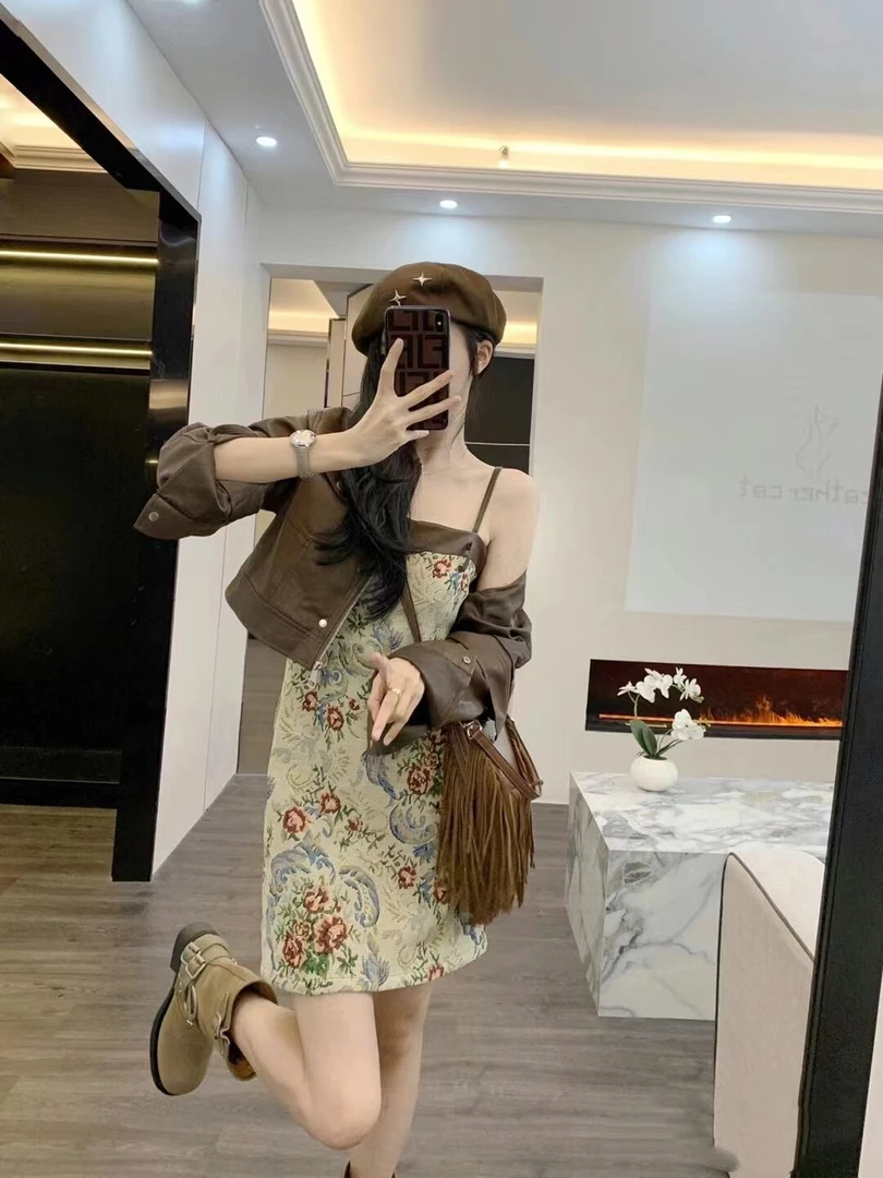 韩系甜辣风撞色拼接吊带连衣裙女复古皮衣酷女孩外套