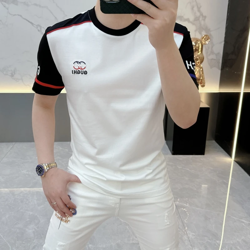 冰希轻奢.小众高端男士短袖黑白拼色潮流百搭经典T恤2025夏季新款