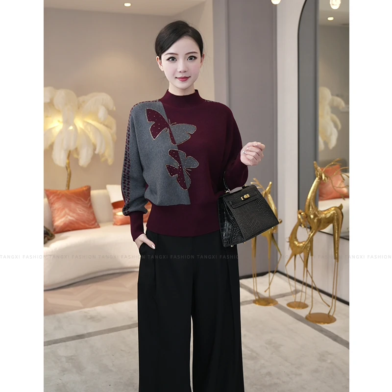 唐熹现货2025秋冬新款【Q-D839】含绵羊毛气质红灰色针织衫打底毛衣