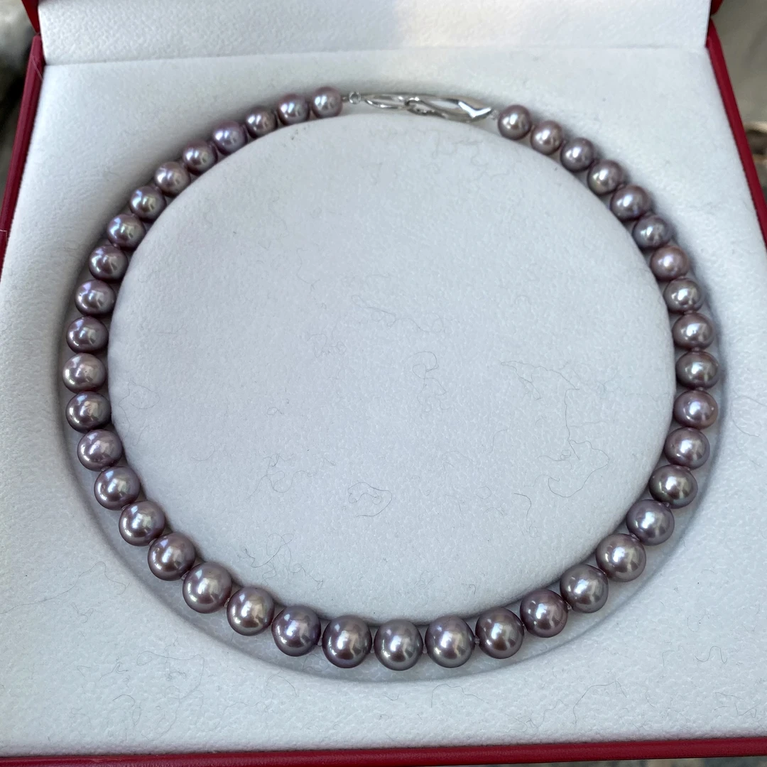 紫孔雀 稀有色 天然淡水妖紫色系珍珠项链 正圆9-10m炫蓝绿金属光