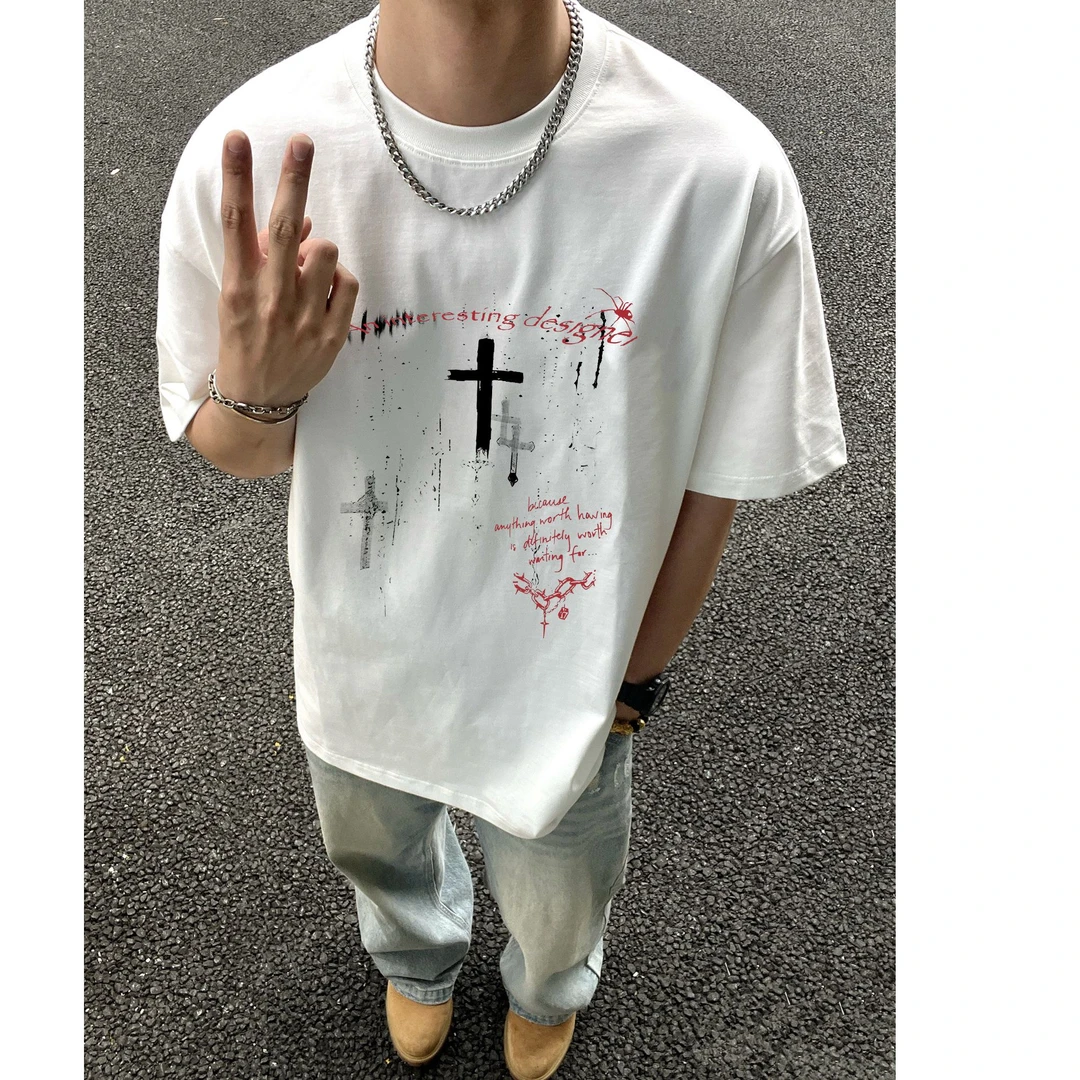 320g双纱棉高街潮牌短袖男款美式复古潮流重磅纯棉个性半袖上衣