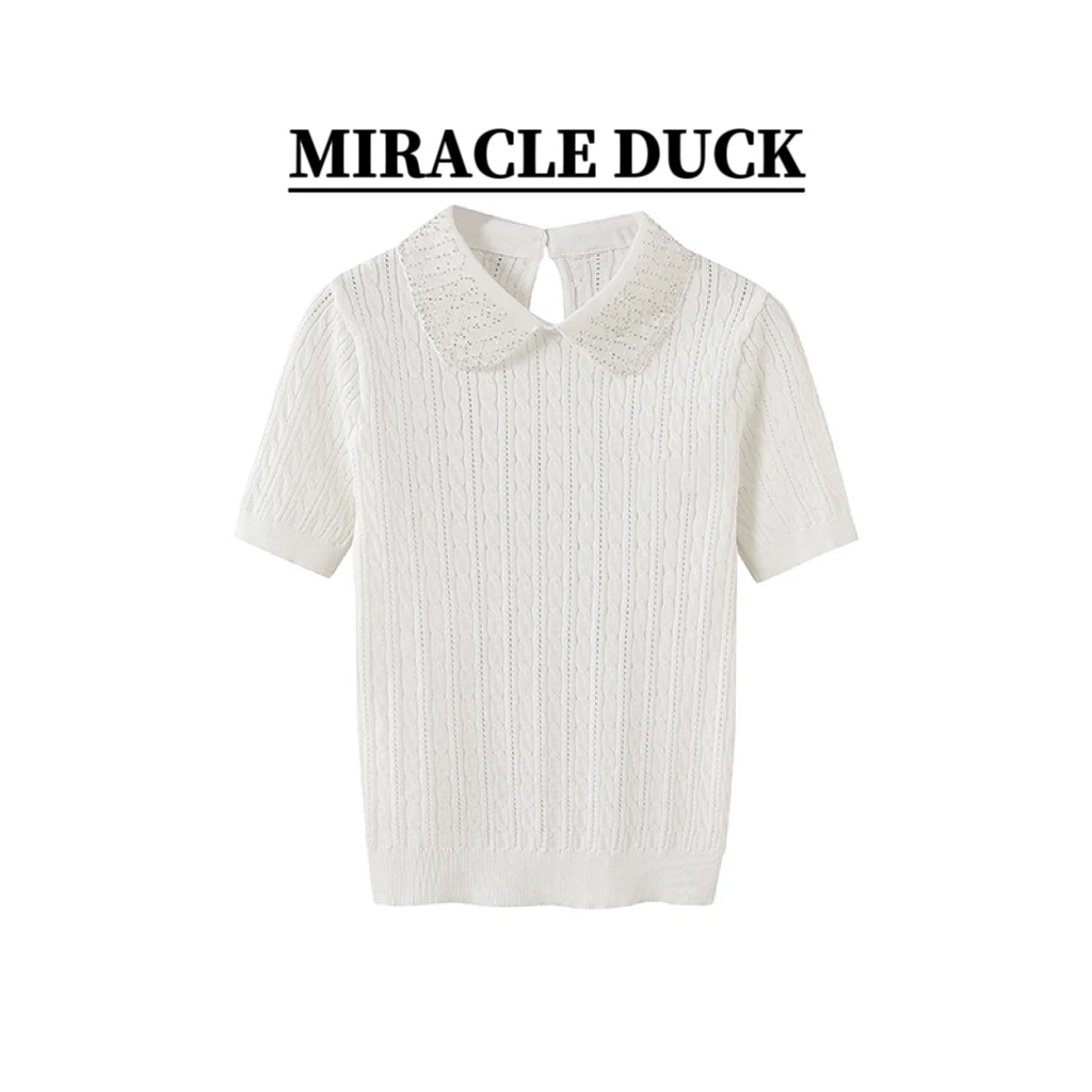 夏季时尚重工钉珠镂空毛针织衫女装娃娃领短袖C1615