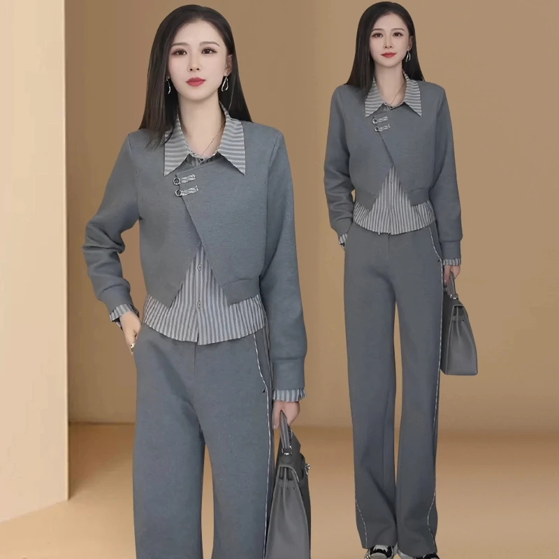 （运费补贴）时尚休闲套装女新款洋气穿搭减龄显瘦假两件盘扣卫衣