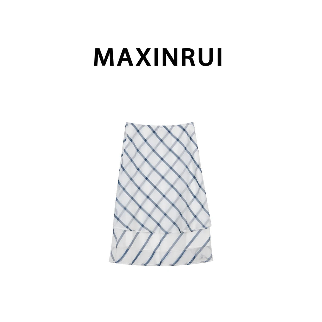 MAXINRUI 【经典蓝格】25s夏季新款条纹组格纹三层斜裁半裙RRS25103
