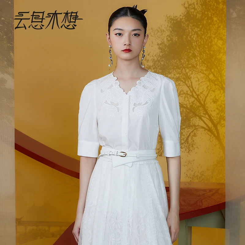 Ysimo-X云思木想新中式2024夏季新款绣花纽扣收腰女士衬衫11555