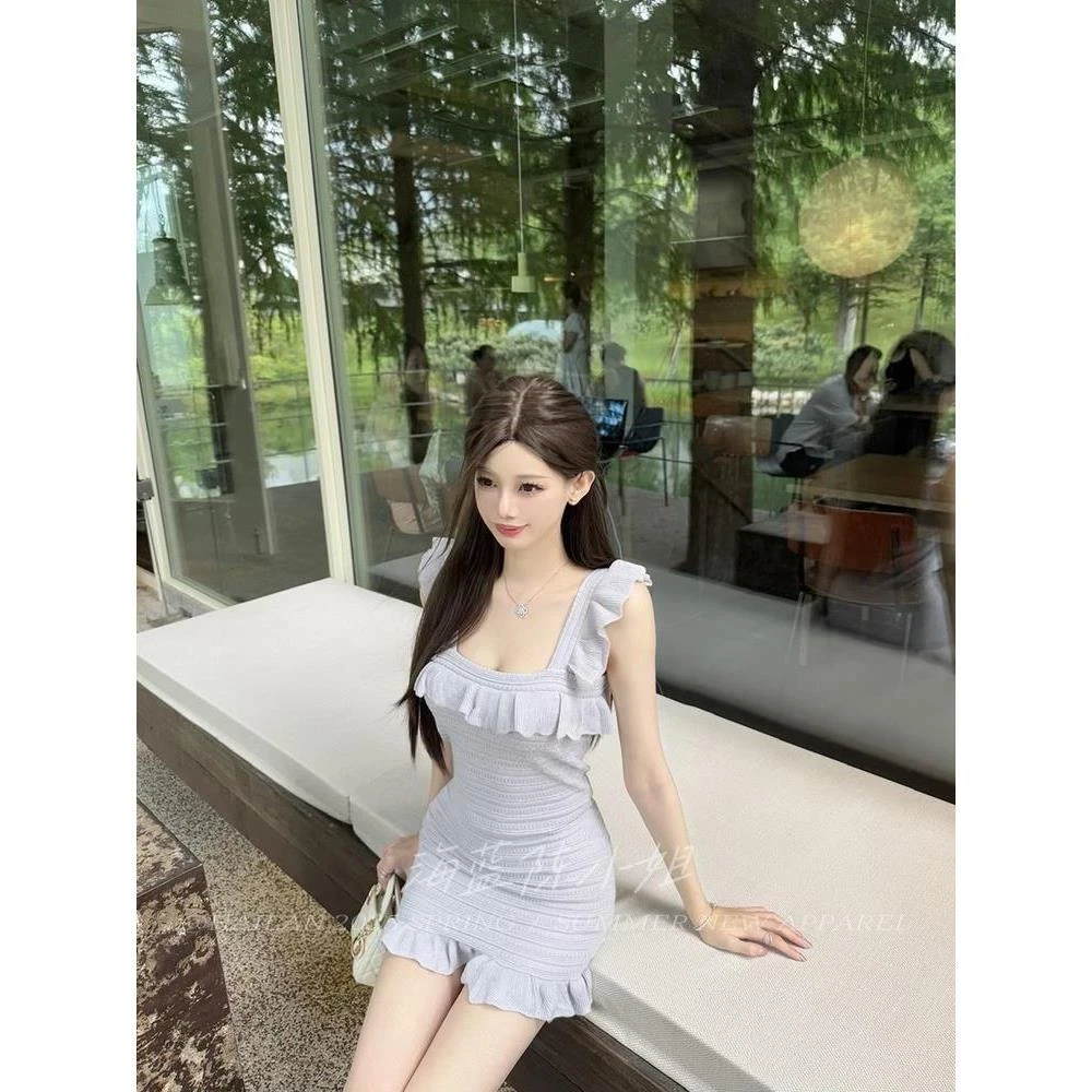 木耳边蓝色性感针织连衣裙女夏季纯欲风性感收腰方领吊带包臀短裙