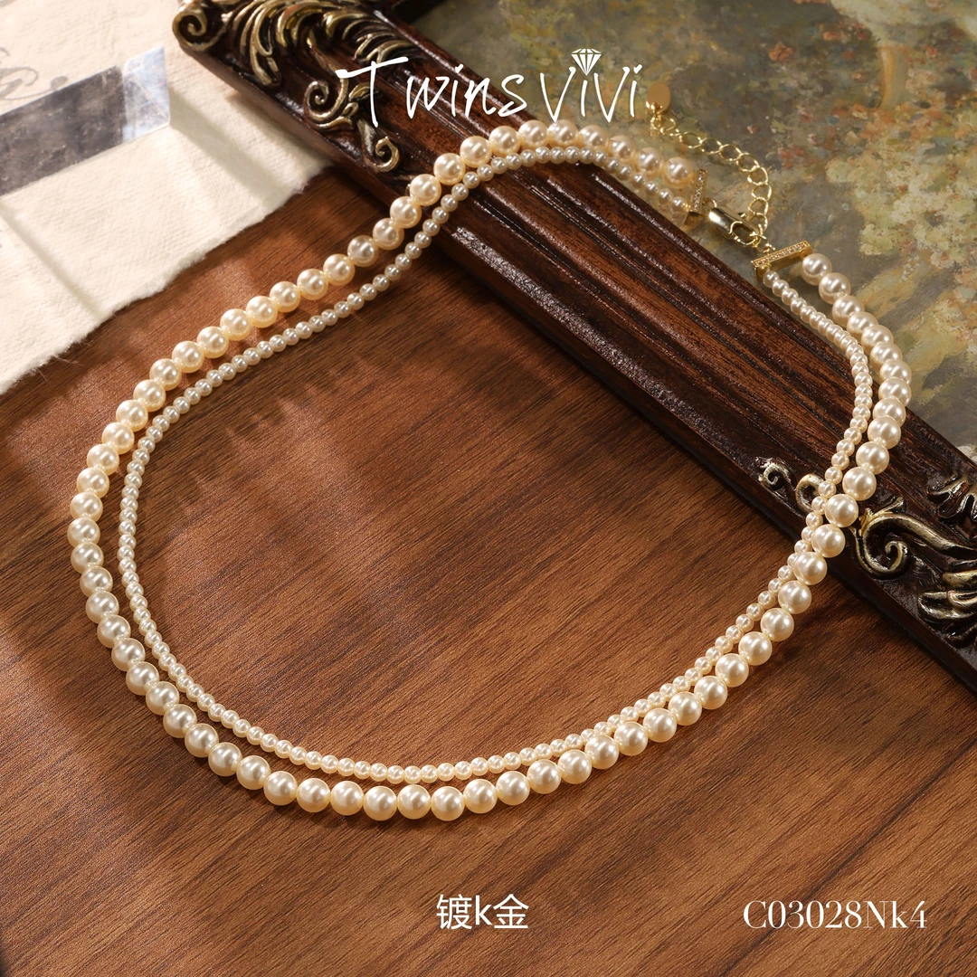 TWINS VIVI 铜合金仿珍珠项链 镀k金 香槟色双圈项链/C03028