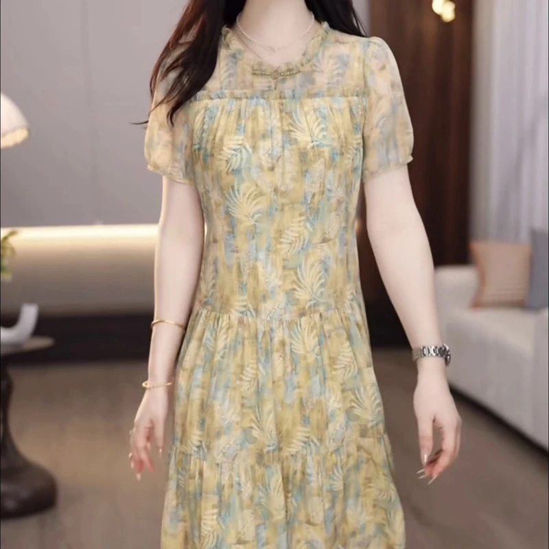 高级轻羽丝优雅气质礼服裙2025夏季新款遮肚子显瘦减龄超仙连衣裙