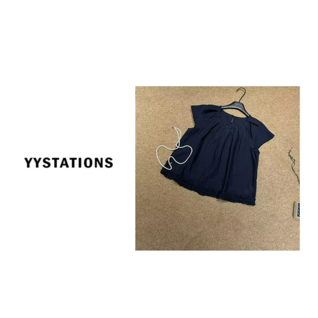 YYSTATIONS 韩版简约百搭褶皱小飞袖苎麻小衫-3072