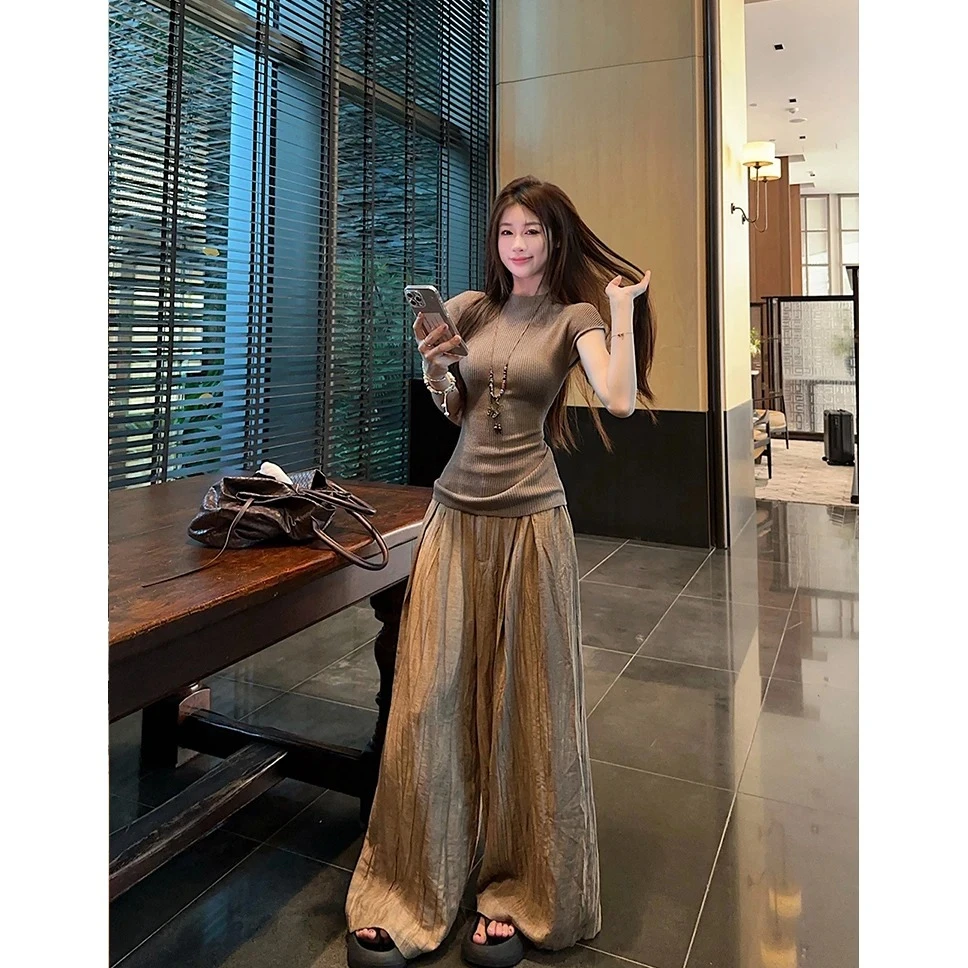 【轻熟休闲风套装】夏季新款修身百搭短袖上衣女阔腿休闲裤两件套