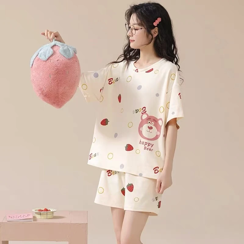 夏季草莓熊图案短袖短裤套装