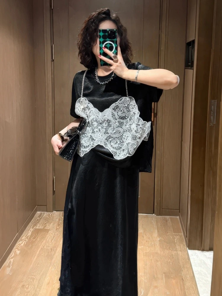 时尚套装短袖女2025夏季大码胖MM假蕾丝拼接上衣半身大码女装