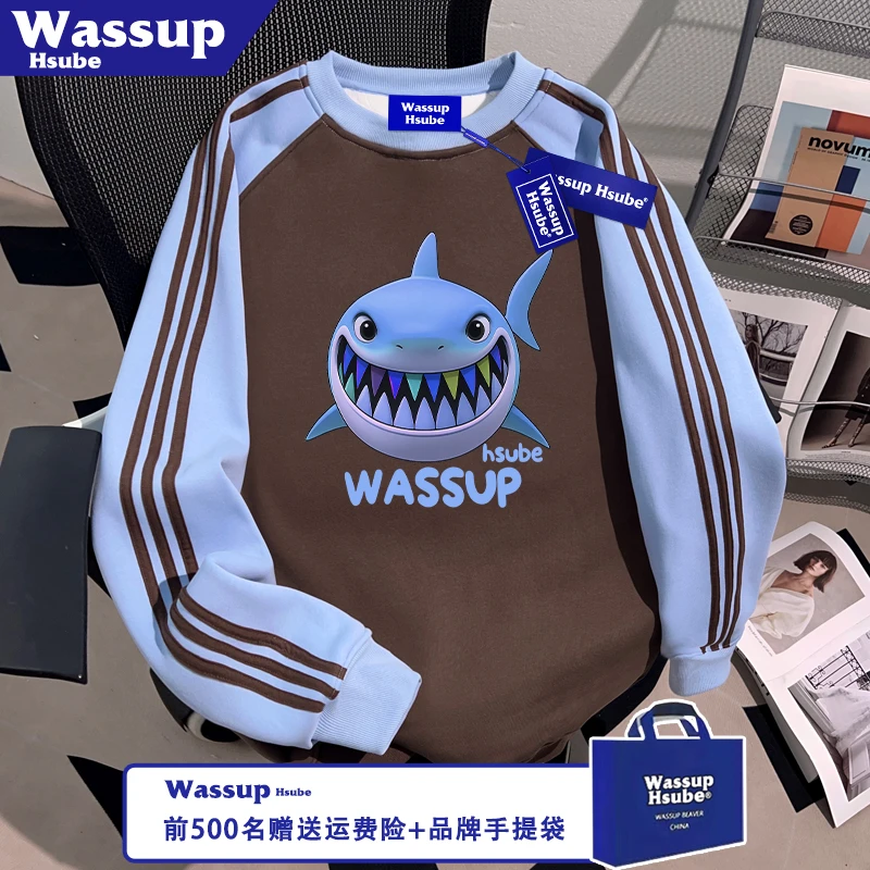 WASSUP HSUBE秋冬季卡通鲨鱼新颖风舒适圆领卫衣男设计三条杠上衣