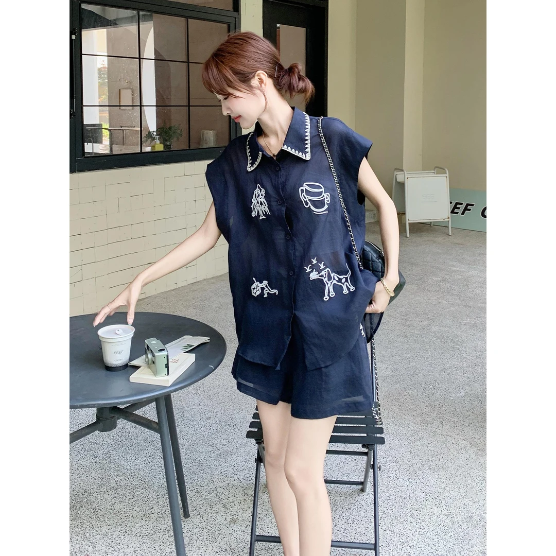 重工刺绣时尚衬衫短裤套装女夏2025新款松弛感休闲减龄穿搭一整套