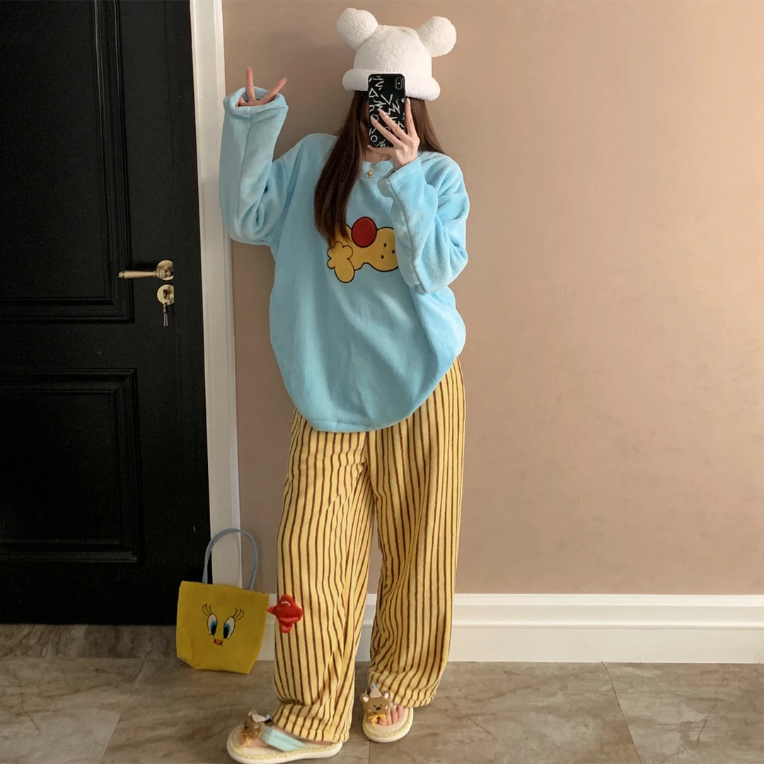 珊瑚绒睡衣女新款冬季加绒加厚保暖法兰绒宽松休闲可爱家居服套装