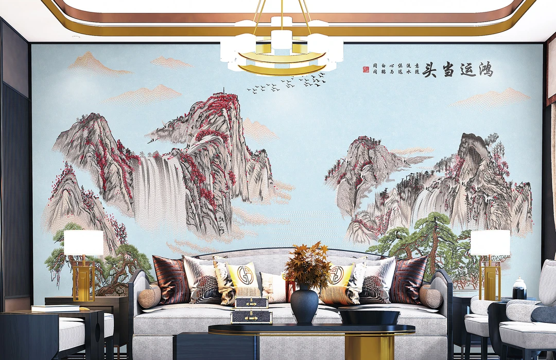 俞家绣-鸿运当头新中式刺绣豪华背景墙布适用于客厅沙发电视背景