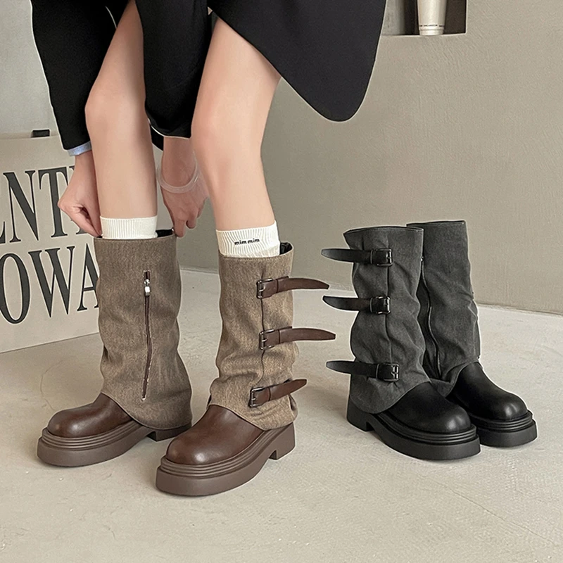 时尚小众设计感复古粗跟女2025年秋季新款骑士靴马丁靴法式女靴子