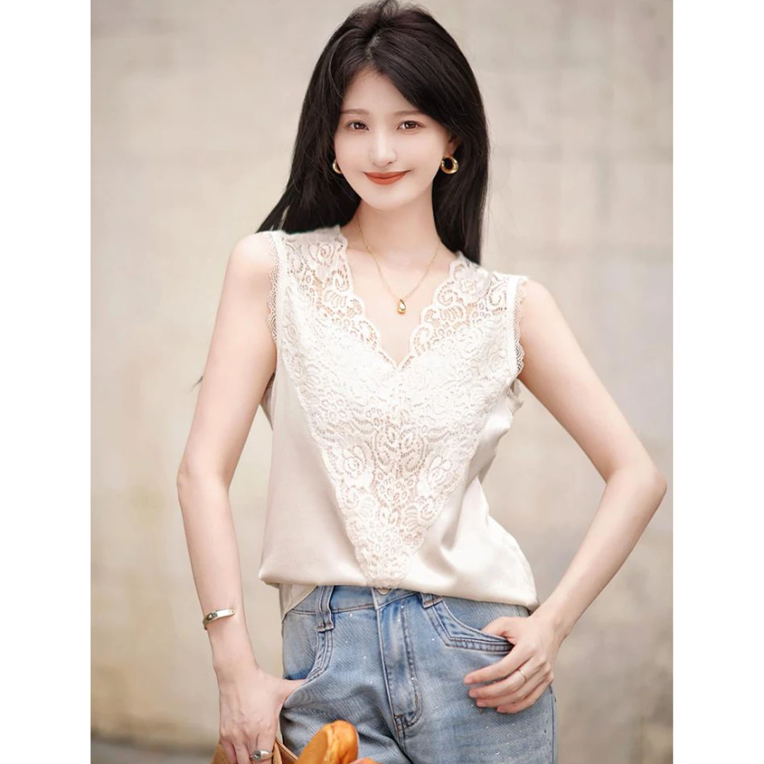 【赵大喜】精巧线“蕾丝真,丝背心”｜2025新款V领蕾丝拼接背心女