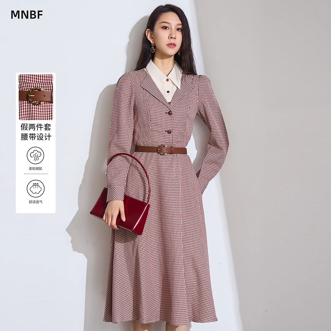 曼诺比菲商场同款秋季翻领格纹假两件连衣裙女收腰MFEL171024