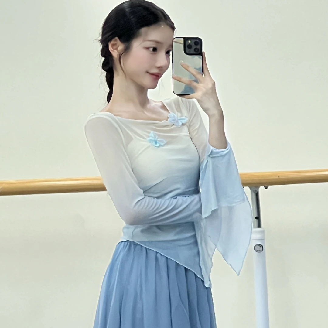 古典舞蹈服女飘逸渐变身韵蝴蝶喇叭袖纱衣练功服中国舞演出服舞蹈