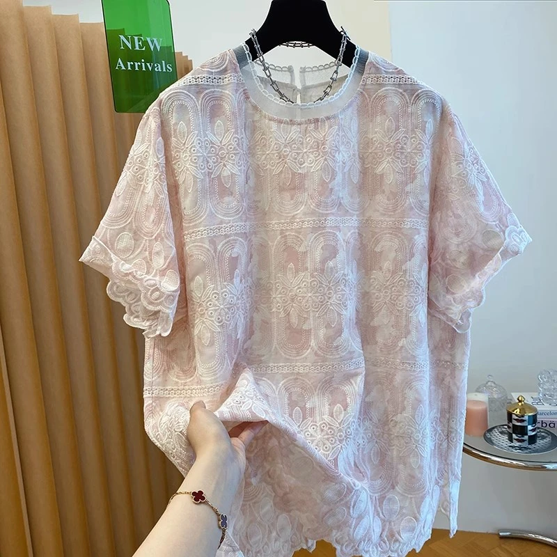 法式高级感刺绣波浪边蕾丝大码T恤上衣女夏新款洋气宽松休闲短袖