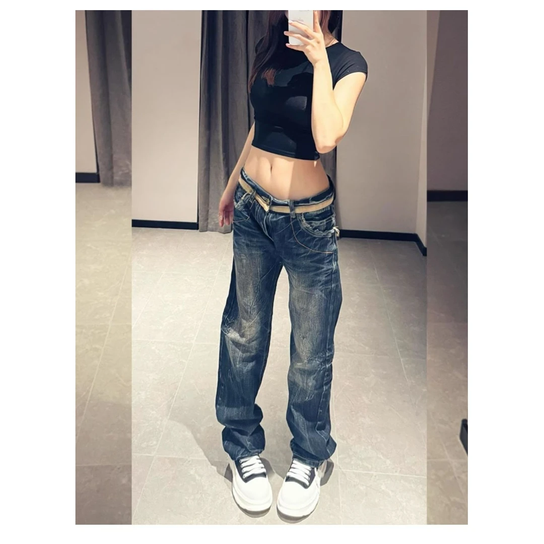 高个子加长美式设计感金翅刺绣牛仔裤女春季辣妹显瘦微喇叭长裤子