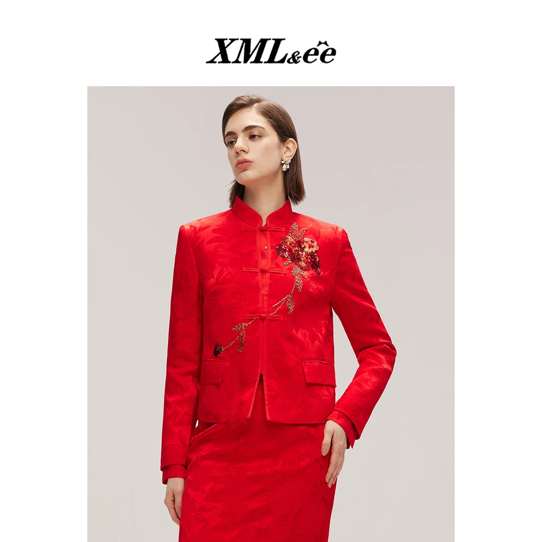 XMLee艾米尔 红色手工刺绣印花钉珠中式国风桑蚕丝外套 X511E6213