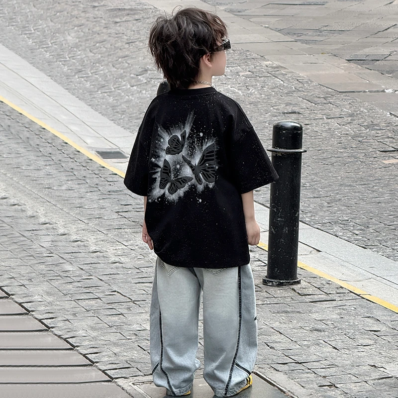 中班仔童装男童套装短袖T恤薄款牛仔长裤帅气纯棉两件套潮*ZH2507