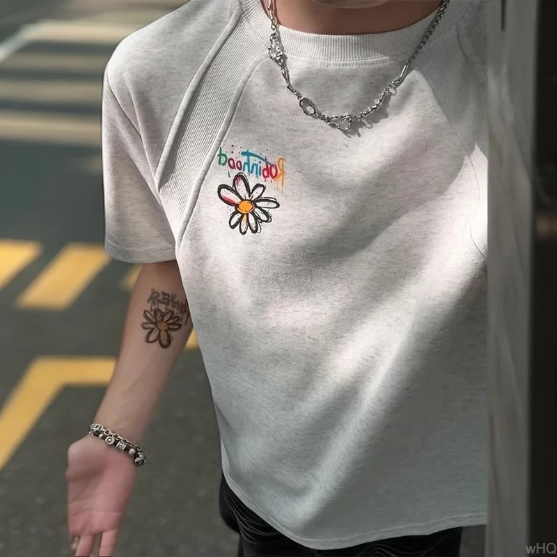 特大码300斤花卉小雏菊印花男士正肩螺纹短袖拼接液氨太空棉t恤