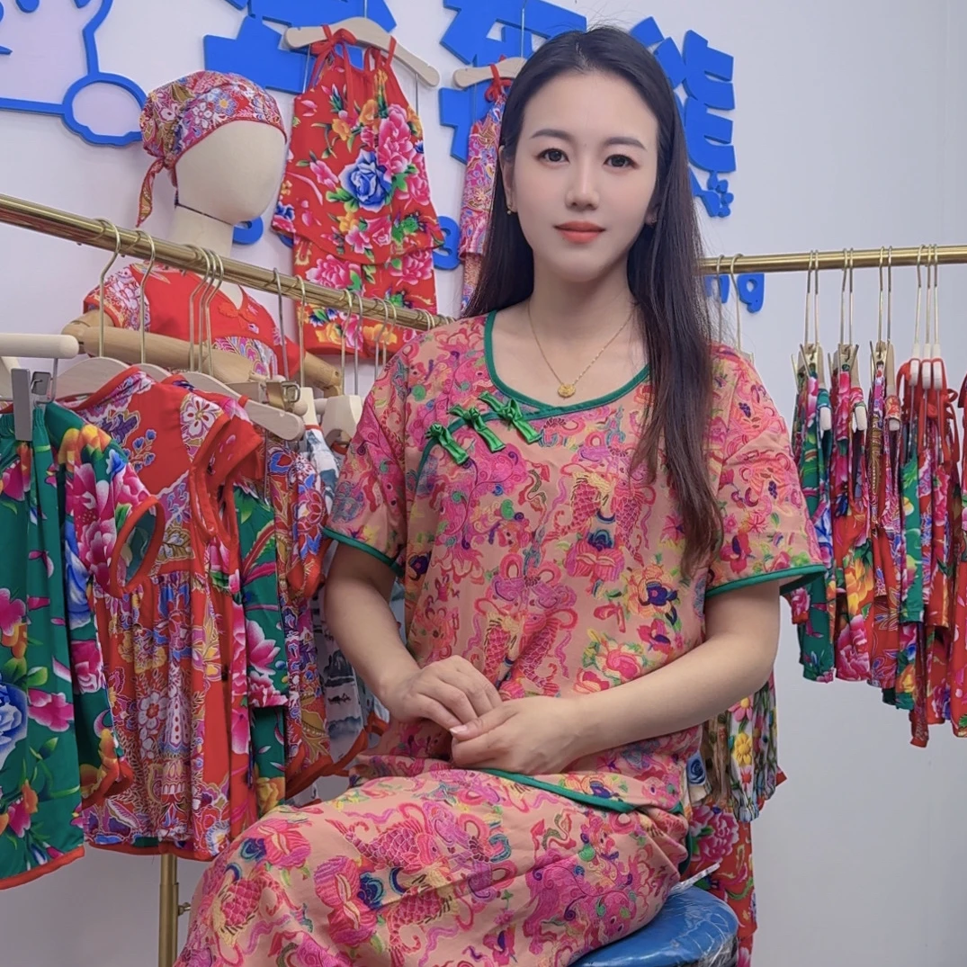 2025夏季妈妈装短袖七分裤家居服套装大花民族风时尚网红绵绸