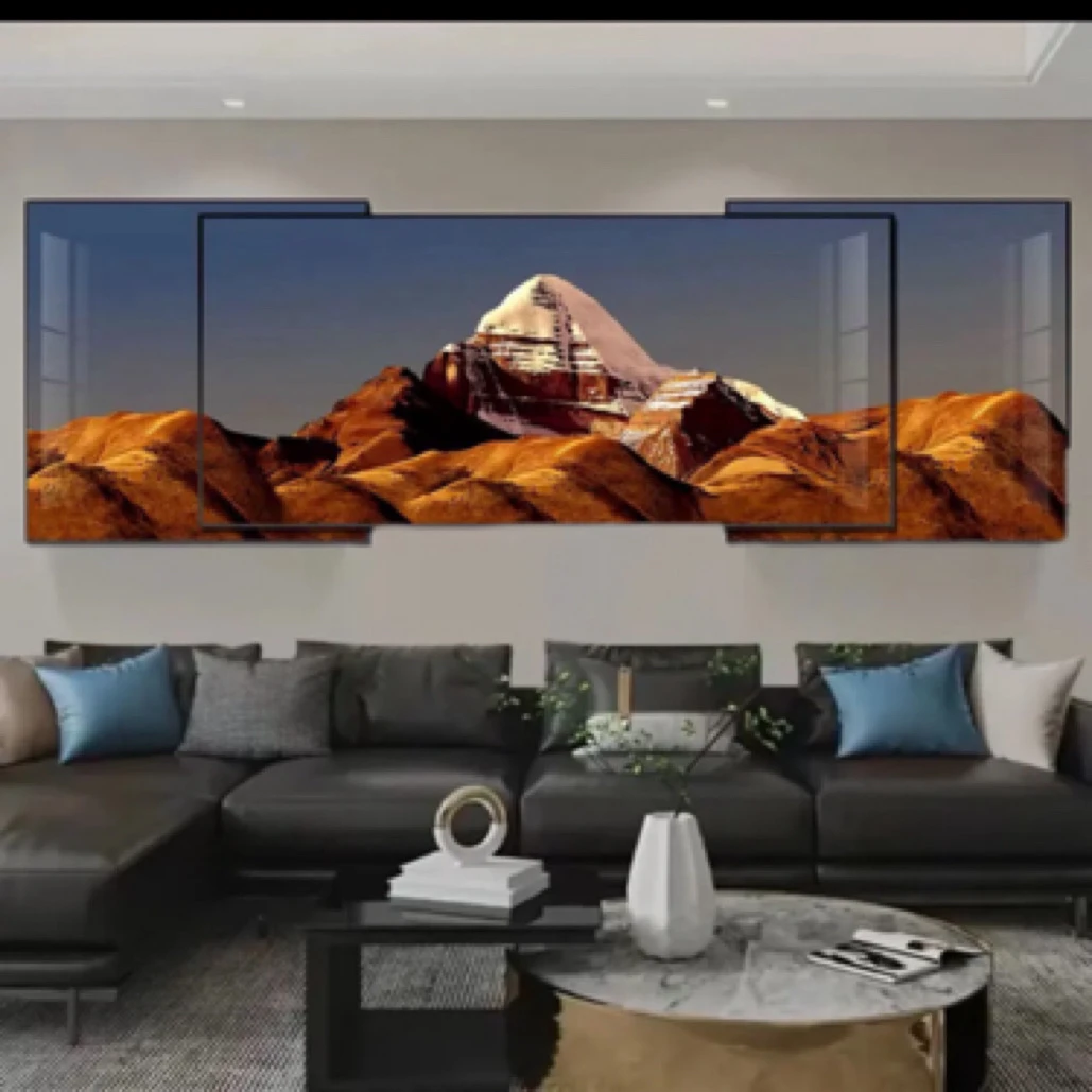 西藏包邮藏床背景挂画新藏式客厅背景墙装饰画晶瓷工艺三联画