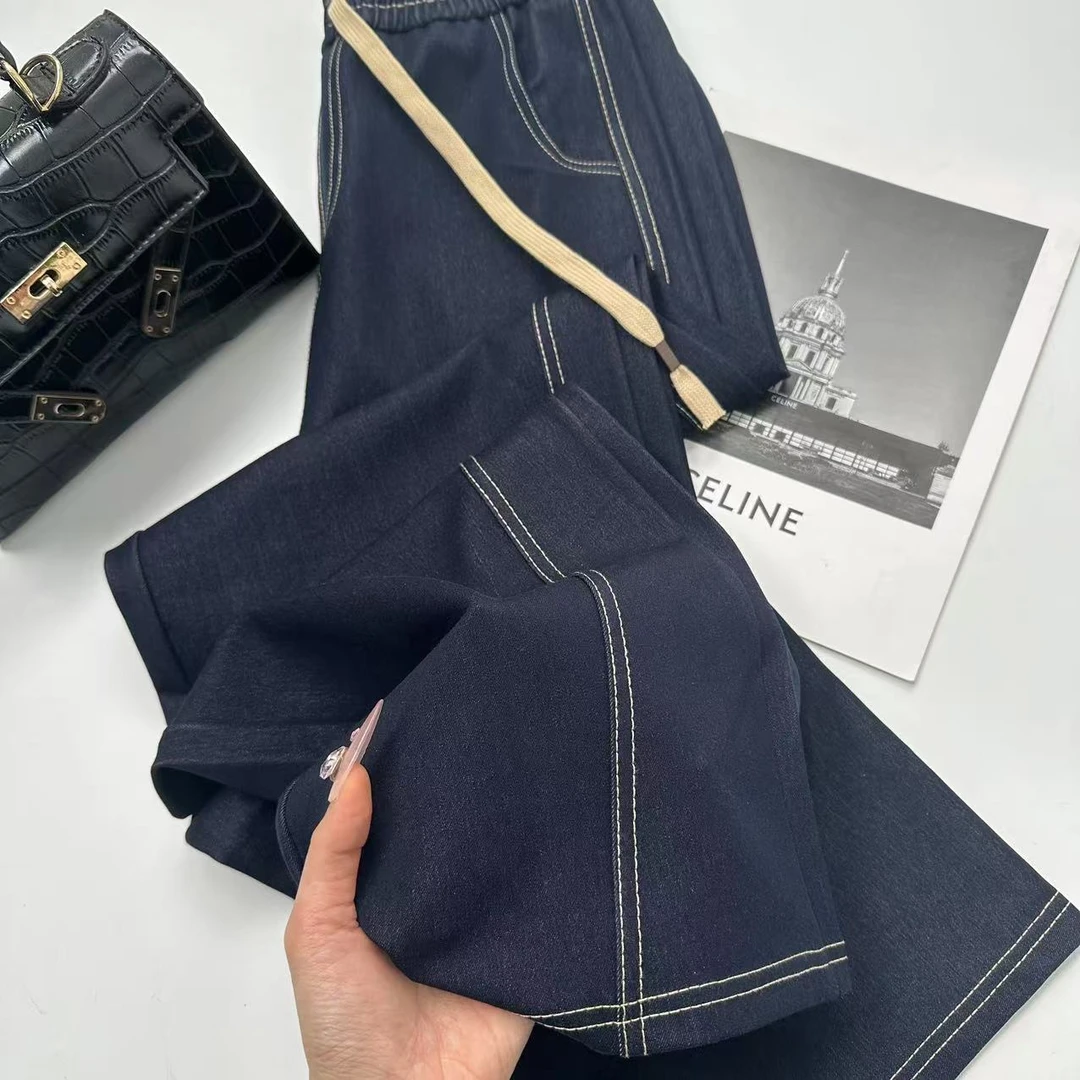 飞飞家 丹宁色牛仔裤韩版直筒弹力腰藏青色牛仔裤女KC172