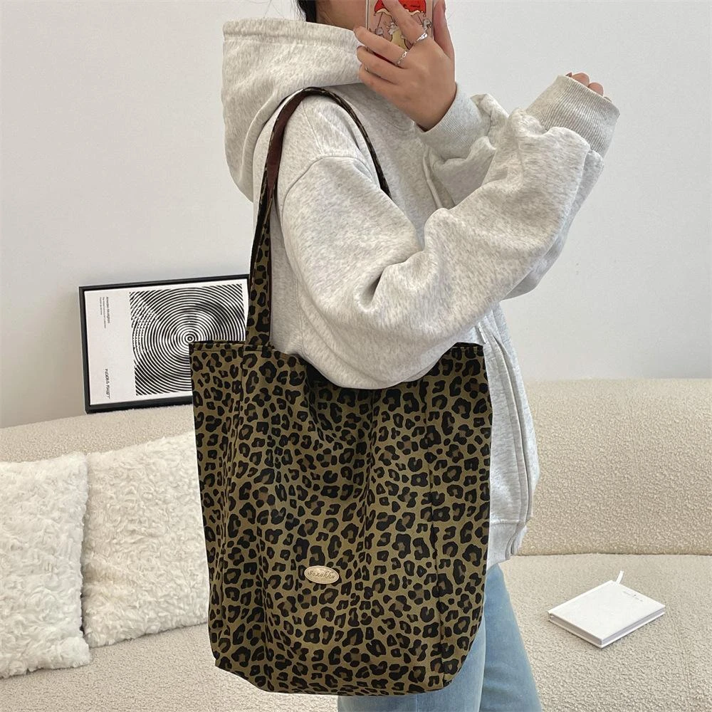 双面可背！韩系休闲豹纹字母单肩包大容量博主同款秋冬手提帆布袋
