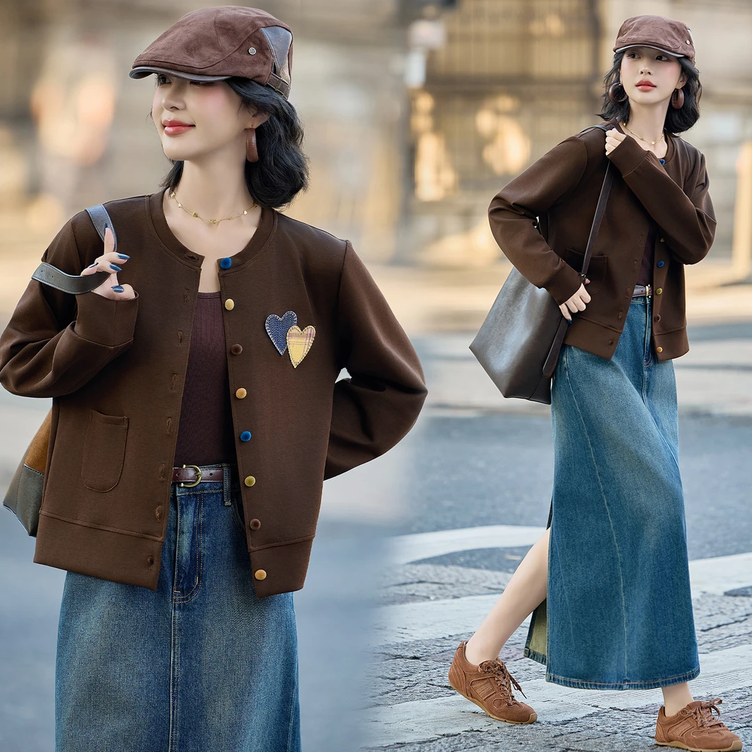 洋气开襟爱心单排扣上衣女装2025秋季新款设计感拼接刺绣短款外套