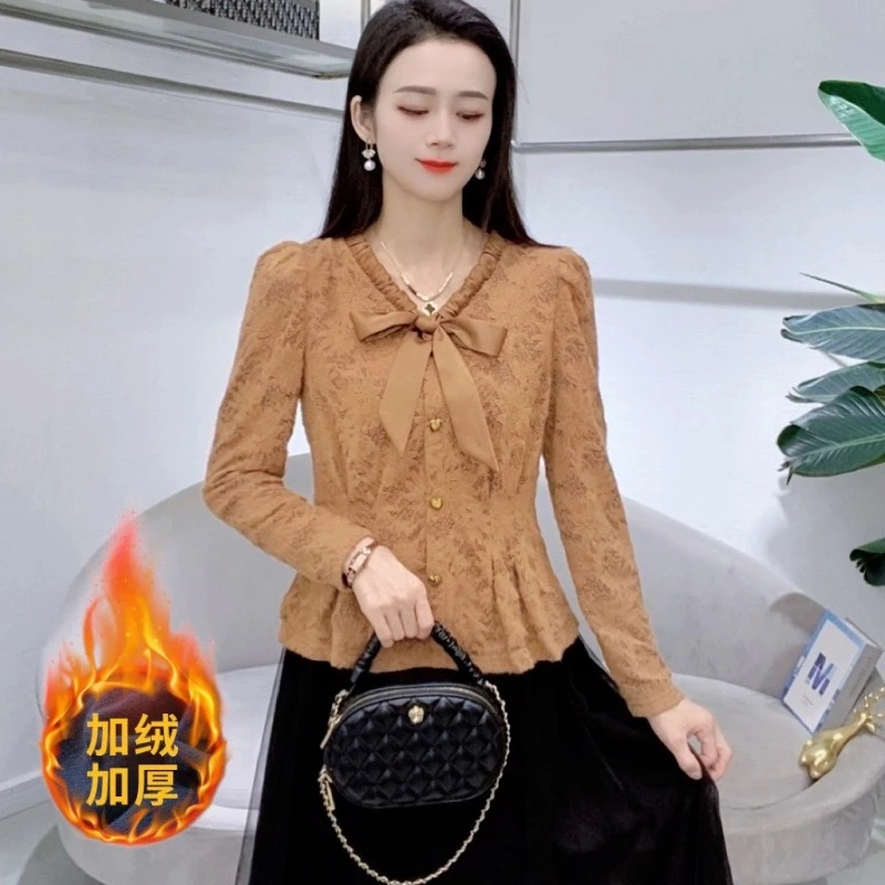 秋冬新款长袖蝴蝶结蕾丝拼接打底衫洋气百搭减龄打底上衣