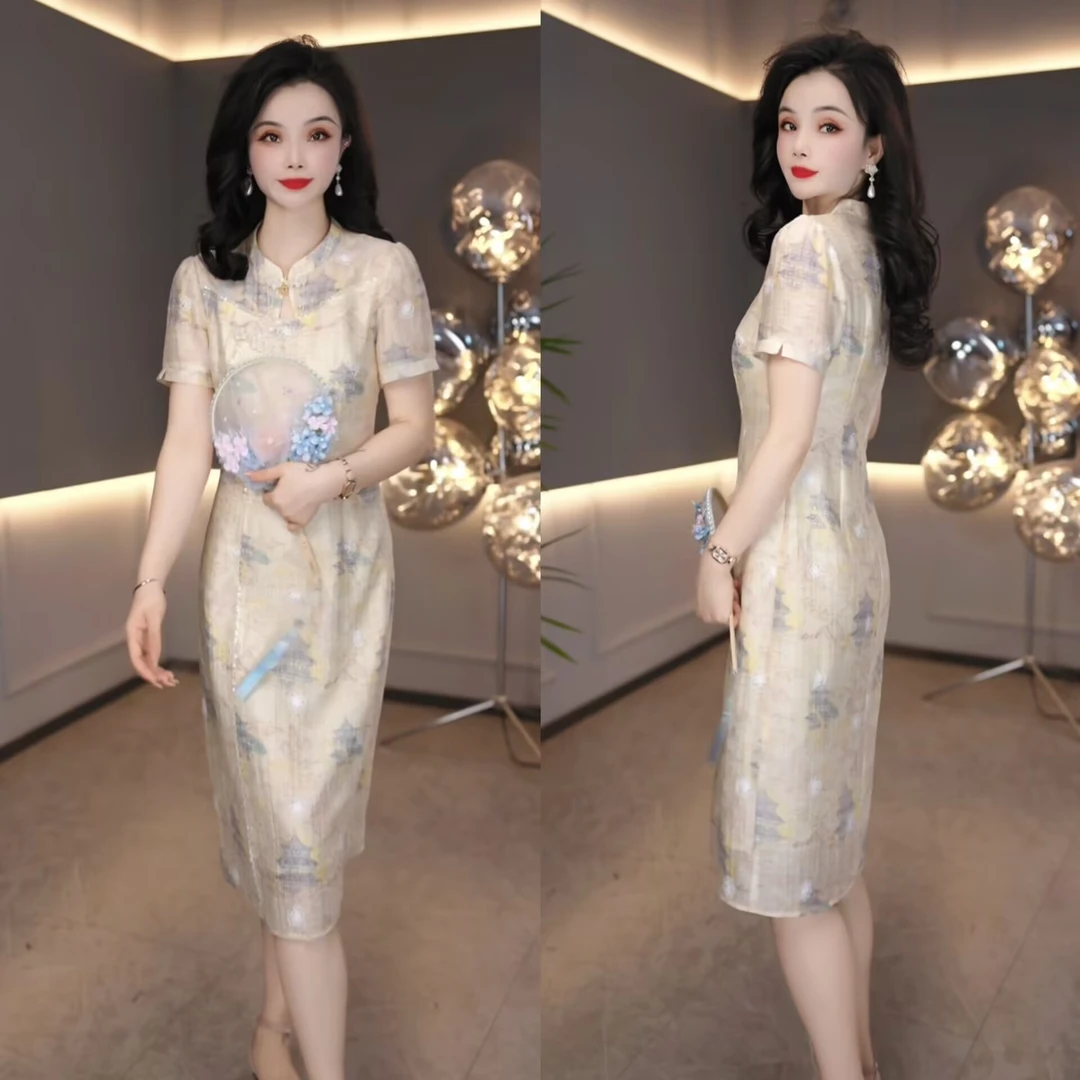 2025夏季新款五一年轻妈妈日常减龄旗袍印花显高显瘦连衣裙M-4XL