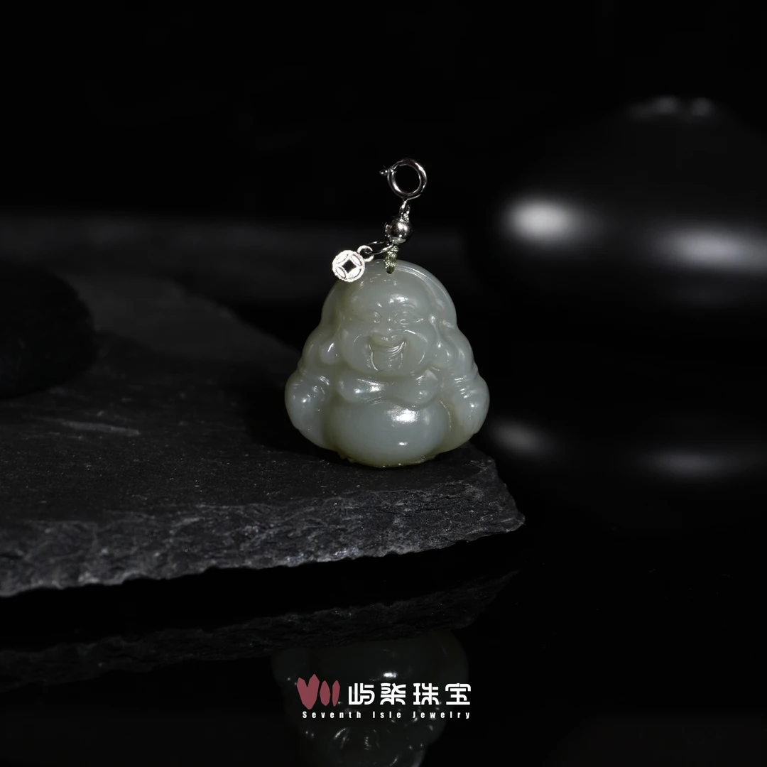 C056 和田玉银925镶嵌 新疆且末蓝小佛公铜钱银扣吊坠24x24x9防跑