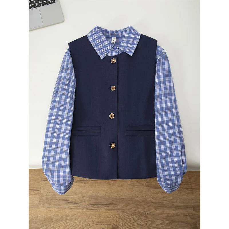 【现货直发】2026宽松单排扣薄款马甲+字母刺绣蓝色格子衬衫两件套