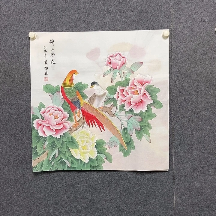 国画斗方工笔花鸟一副