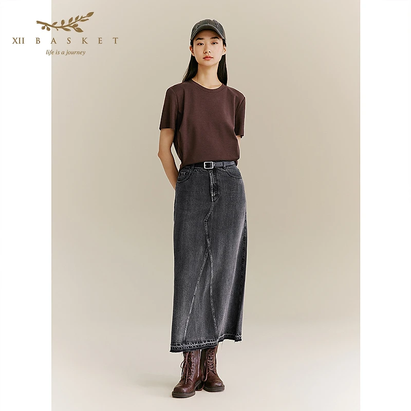 XII BASKET十二篮25秋新款复古莱赛尔天丝A字牛仔裙女7C35350020