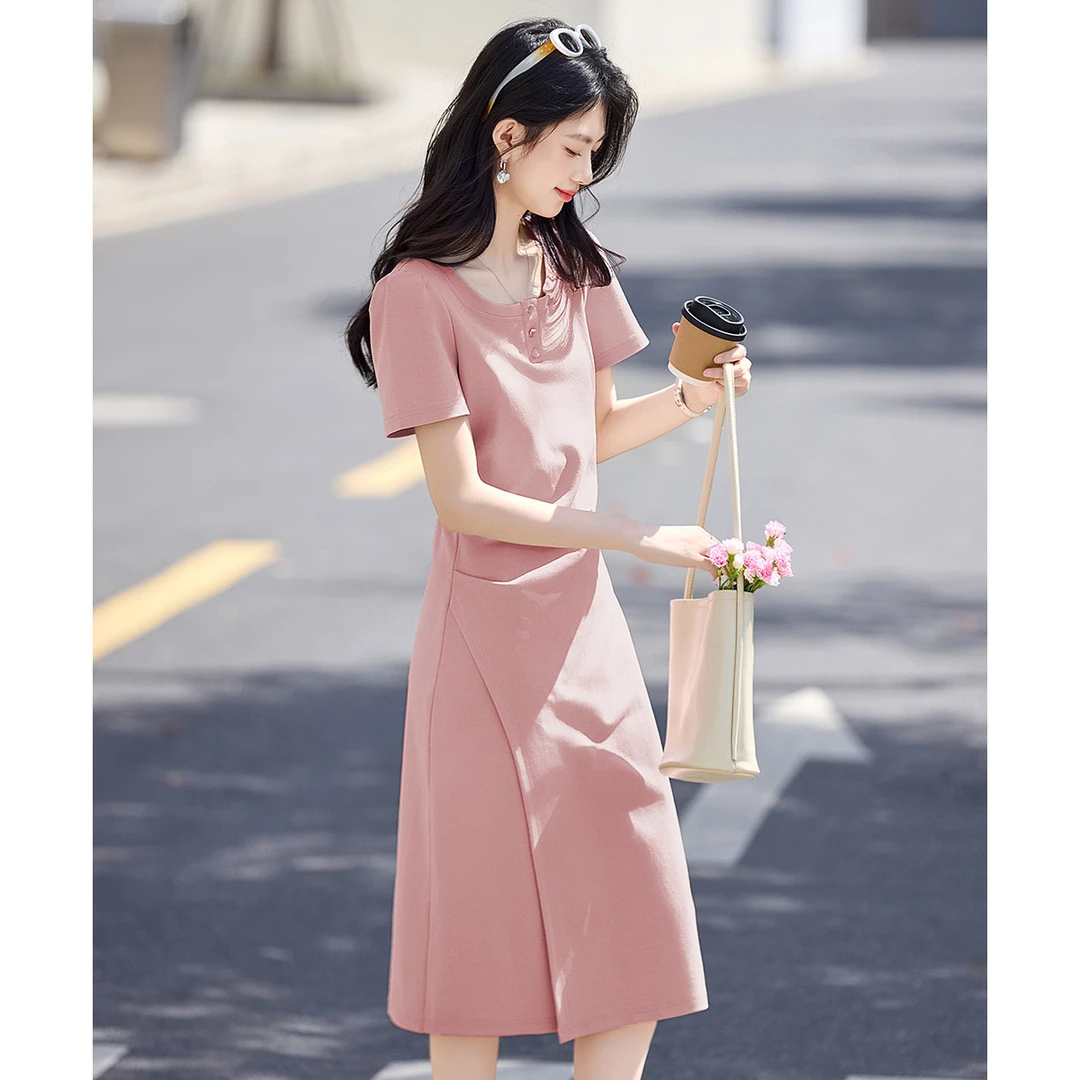 尚静千金风粉色气质收腰连衣裙2025夏季新款U型领短袖中腰中长裙